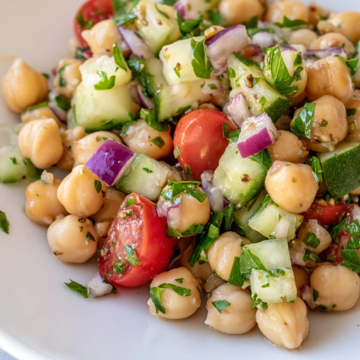 Colorful chickpea cucumber salad featuring ripe tomatoes, crunchy vegetables, and vibrant Mediterranean flavors