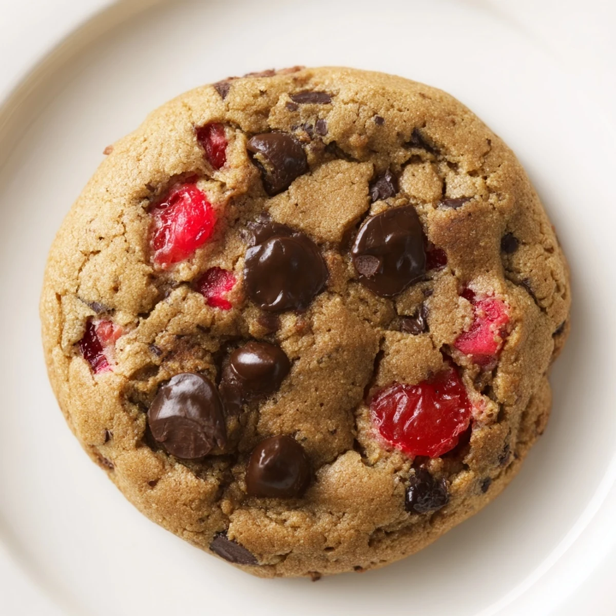 Chewy maraschino cherry chocolate chip cookies with melted chips and bright red fruit pieces piled on a rustic wooden board