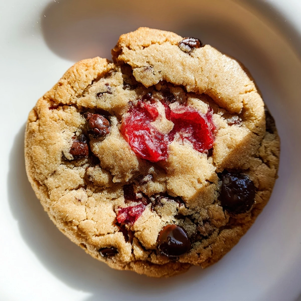 Soft maraschino cherry chocolate chip cookies fresh from the oven featuring golden edges and vibrant cherry-studded centers