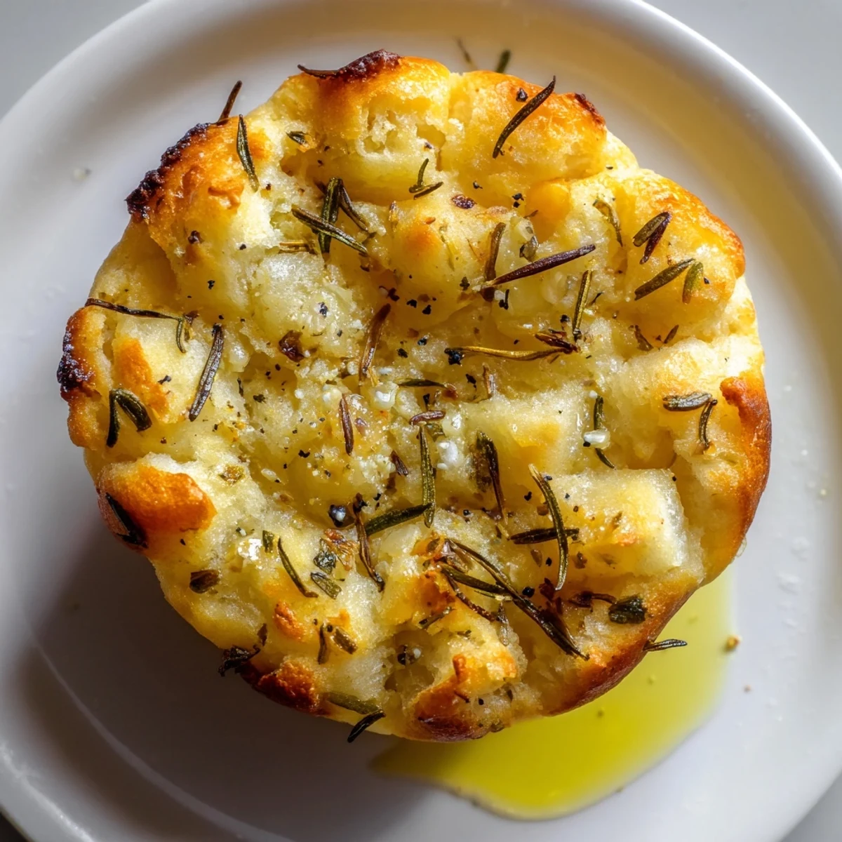 Golden garlic rosemary focaccia muffins topped with sea salt on a rustic wooden board
