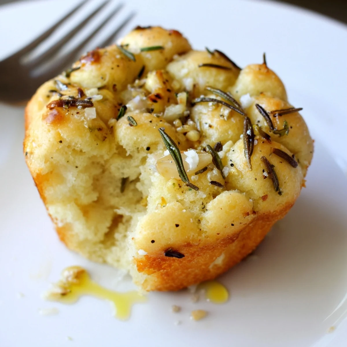 Warm garlic rosemary focaccia muffins with dimpled golden crusts ready for dipping