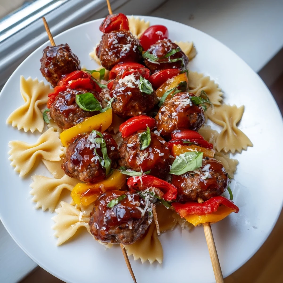 Colorful bowtie pasta and cocktail meatball skewers drizzled with tangy sauce on a platter