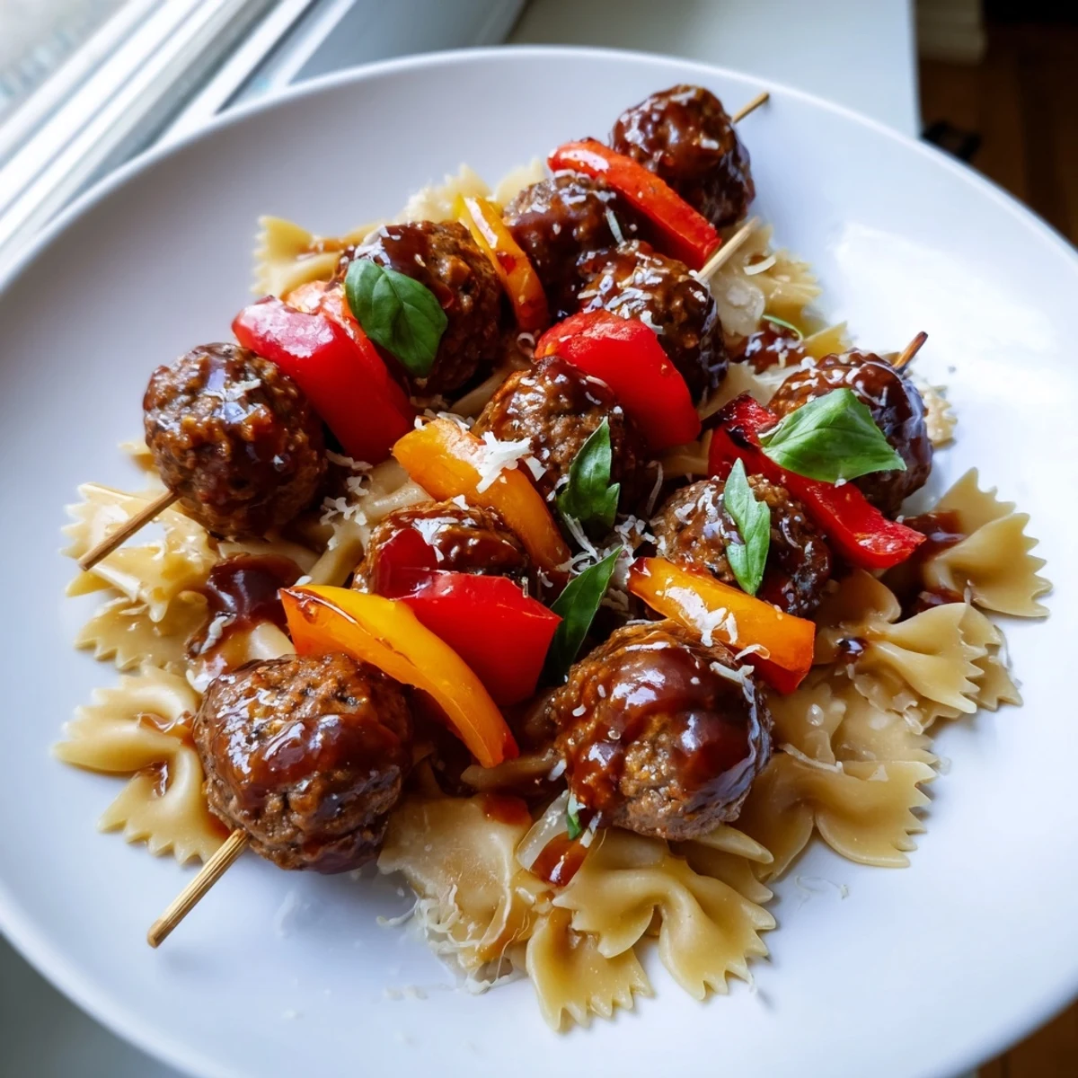 Juicy cocktail meatballs and bowtie pasta threaded on skewers with crisp bell peppers
