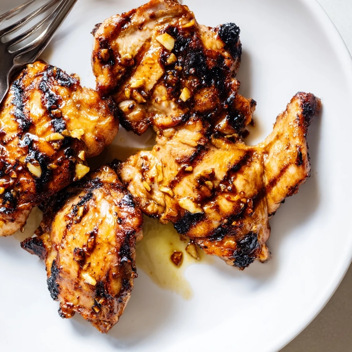 Golden caramelized chicken thighs with killer chicken thigh marinade served on rustic wooden board