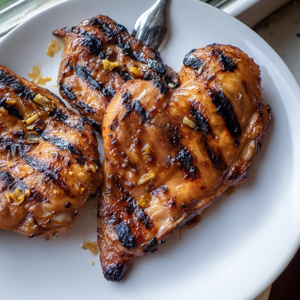 Crispy-skinned killer chicken thigh marinade thighs plated alongside roasted vegetables and herb garnish