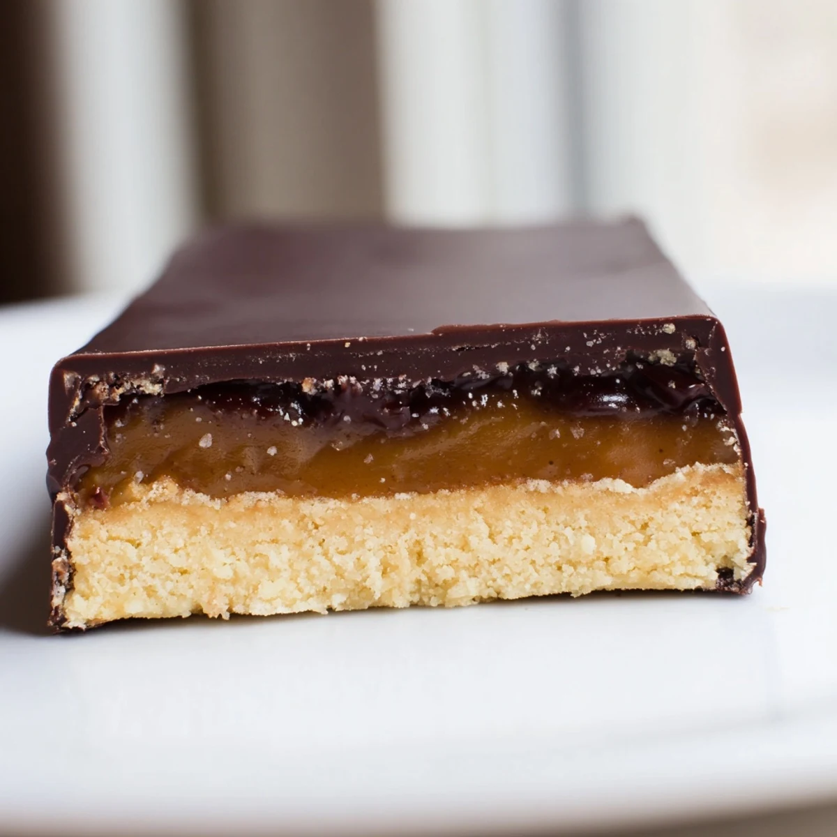 Golden Healthy Twix Bars with glossy chocolate topping and thick date caramel layer