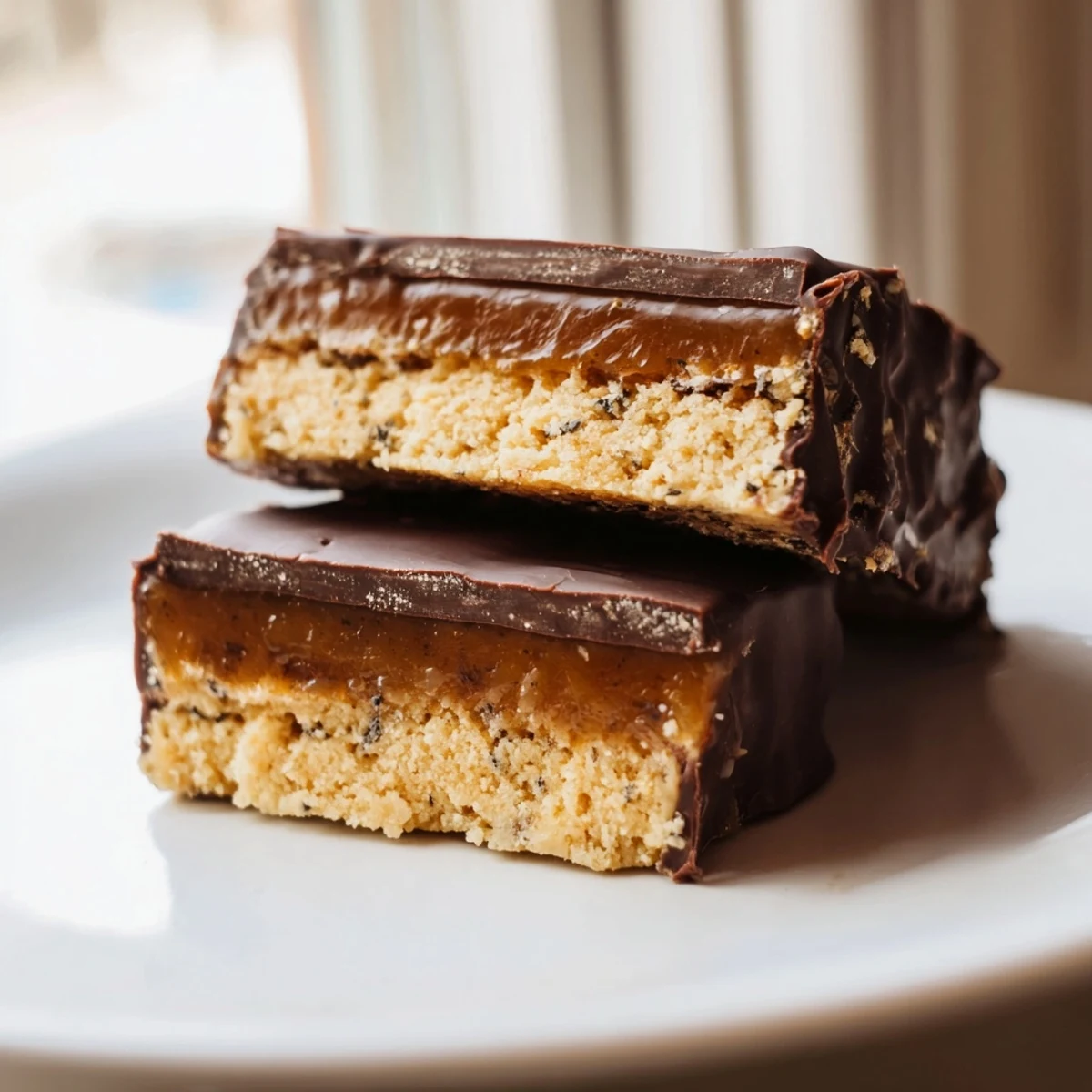 Healthy Twix Bars sliced to reveal crunchy almond crust and silky caramel filling