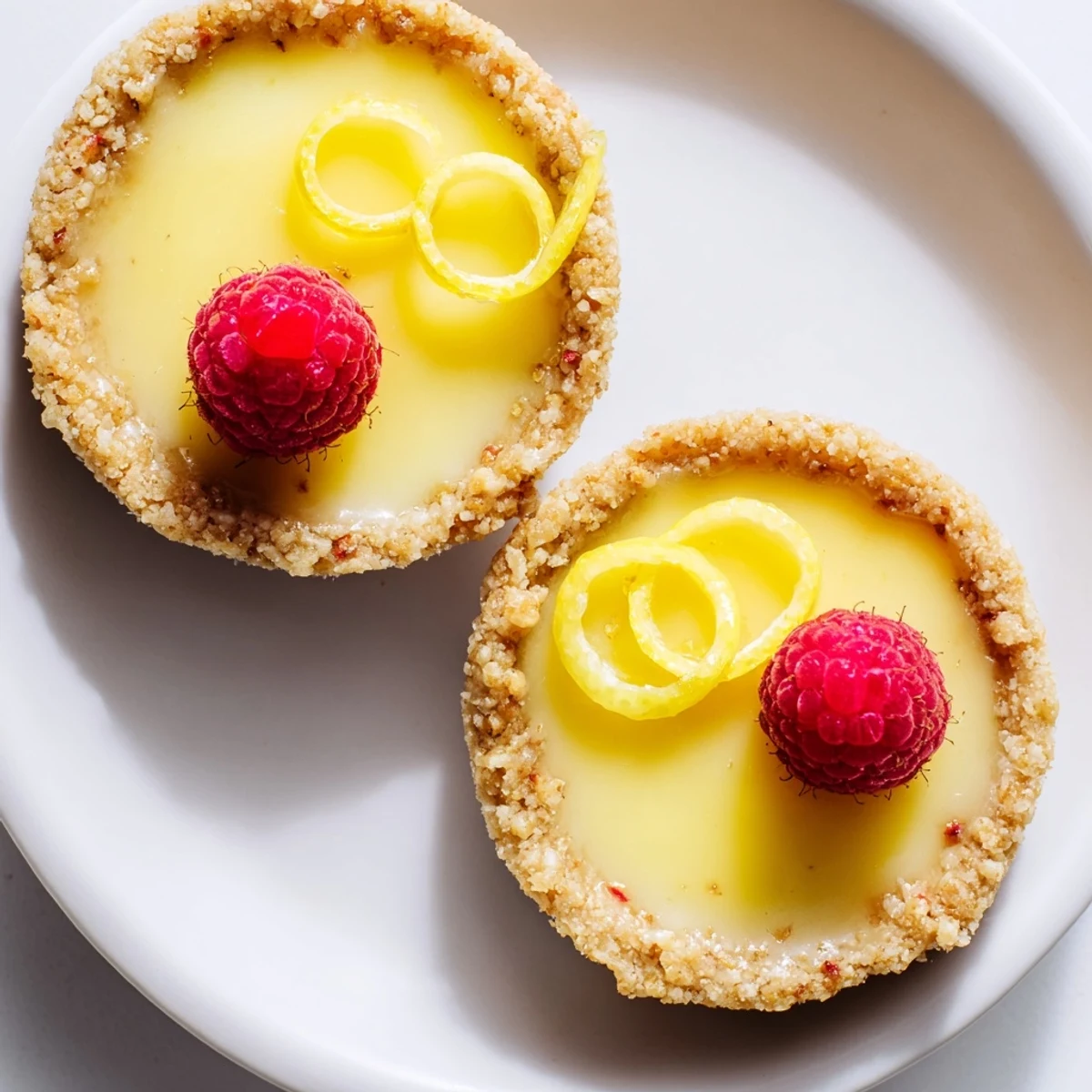 Golden mini vegan lemon tarts topped with fresh berries on a rustic white plate