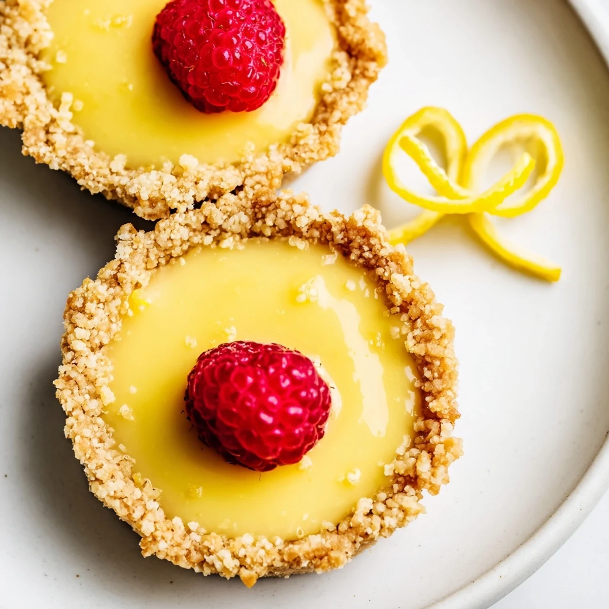 Creamy mini vegan lemon tarts in crisp almond crusts garnished with edible flowers