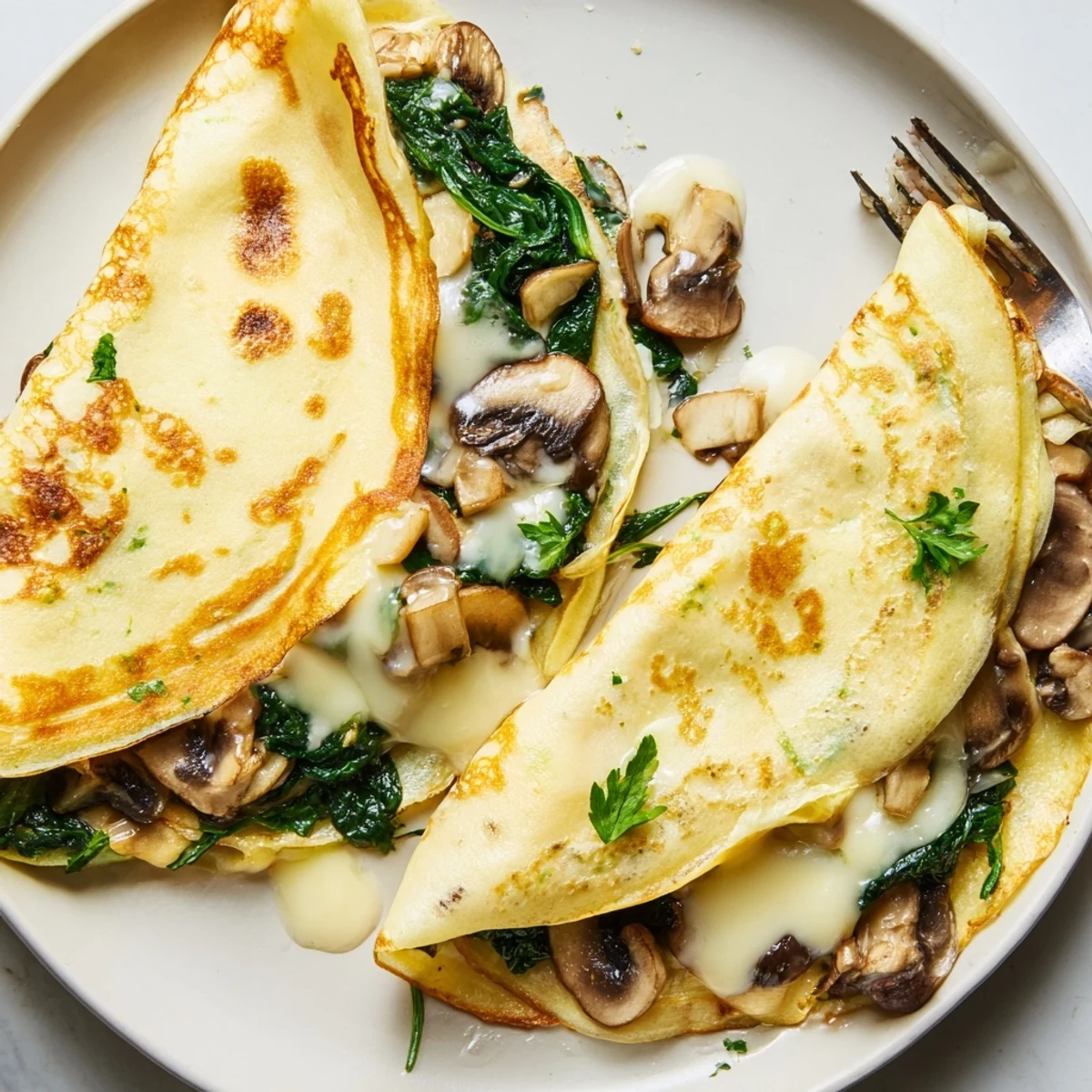 Thin French savory crepes rolled around tender vegetables and warm melted cheese