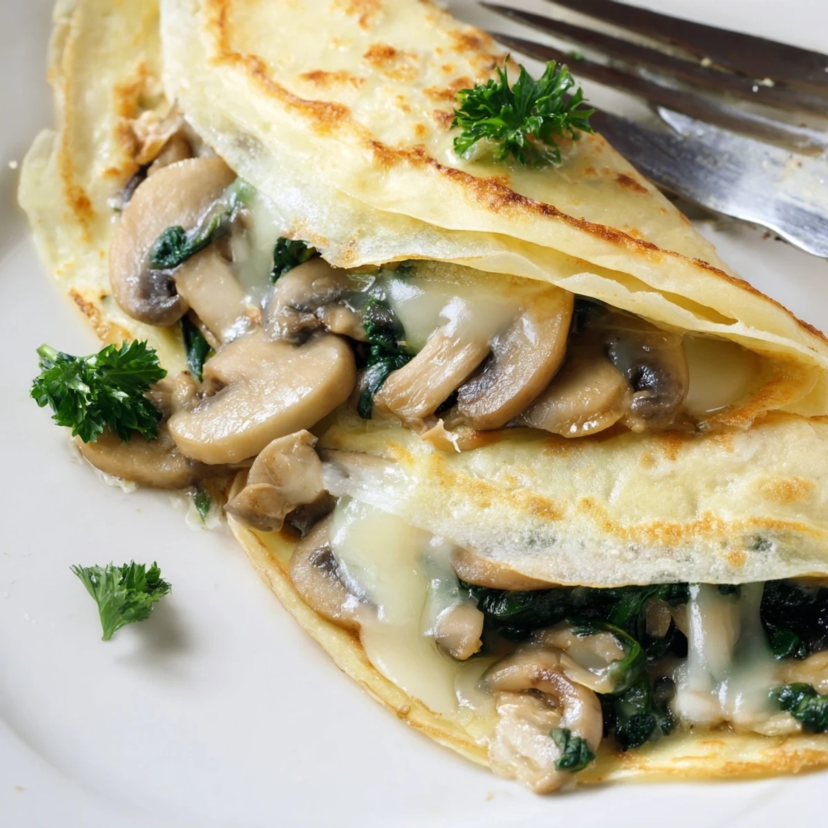 Golden savory crepes filled with sautéed spinach, mushrooms, and melted Gruyère cheese