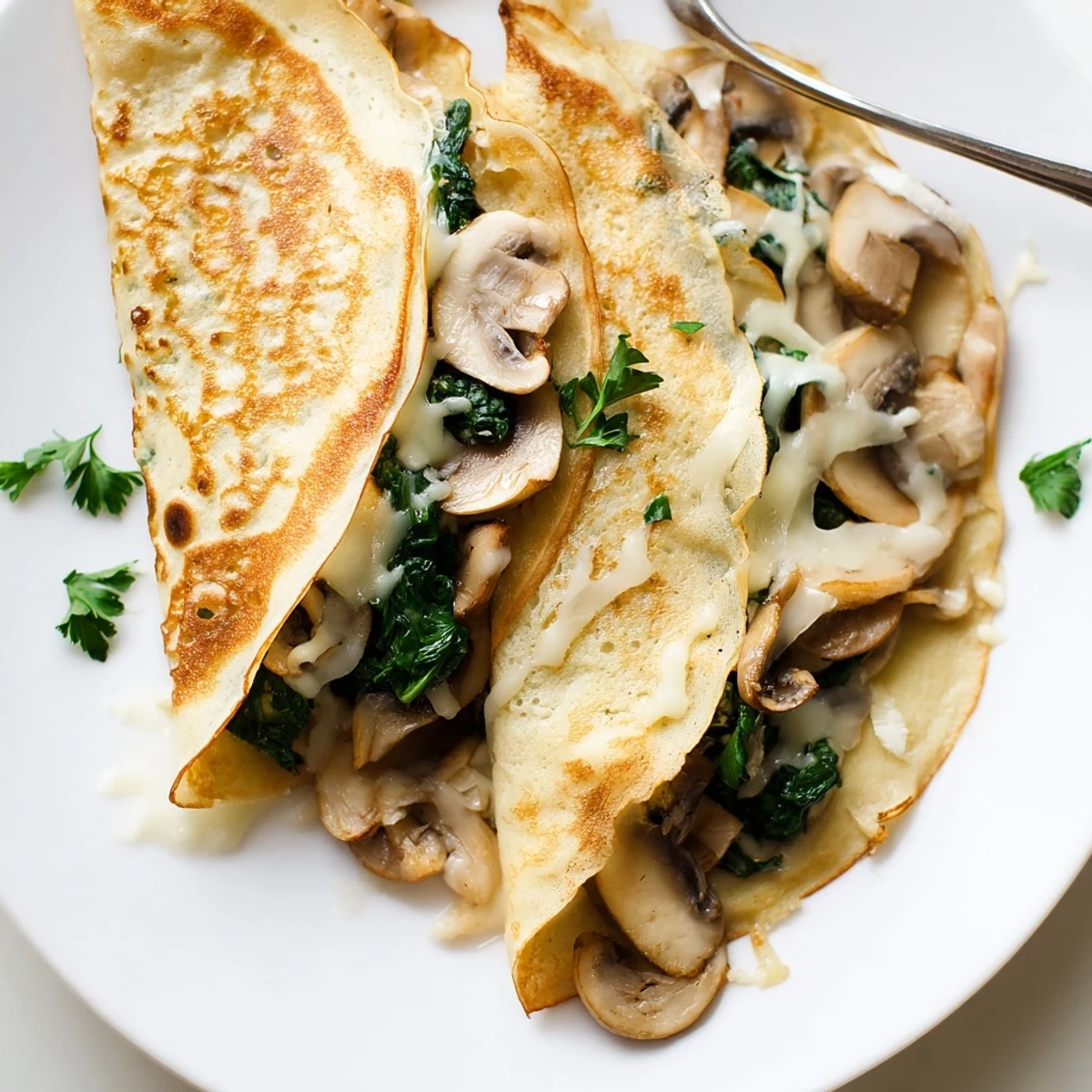 Savory crepes folded over a cheesy spinach and mushroom filling on a plate