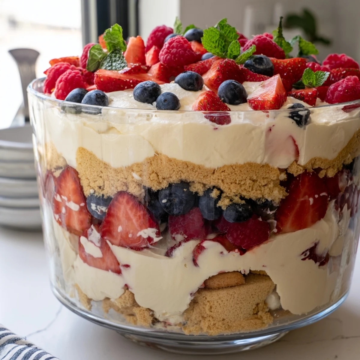 Creamy Red White Blue Mixed Berry Yum Yum layered in a glass trifle bowl
