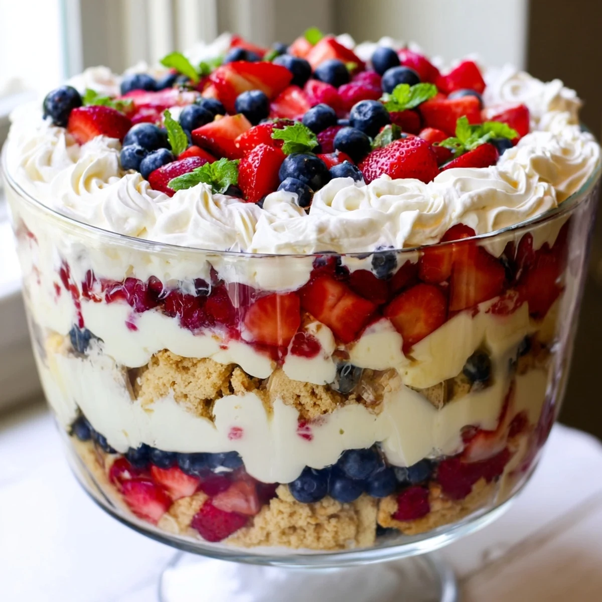 Patriotic Red White Blue Mixed Berry Yum Yum with crushed shortbread and juicy raspberries