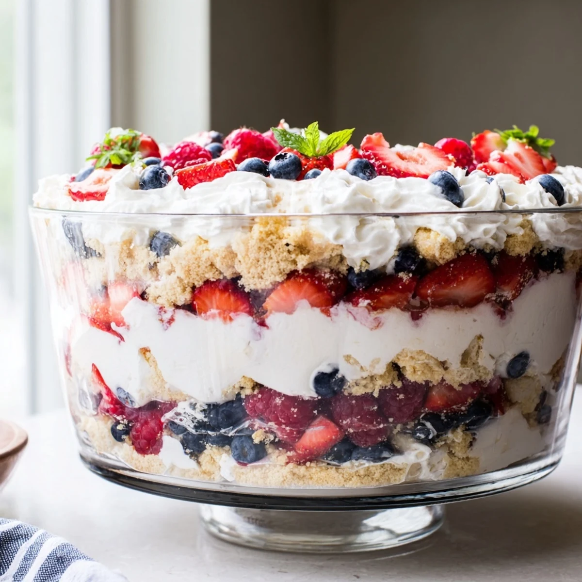 Red White Blue Mixed Berry Yum Yum topped with fresh strawberries and whipped filling