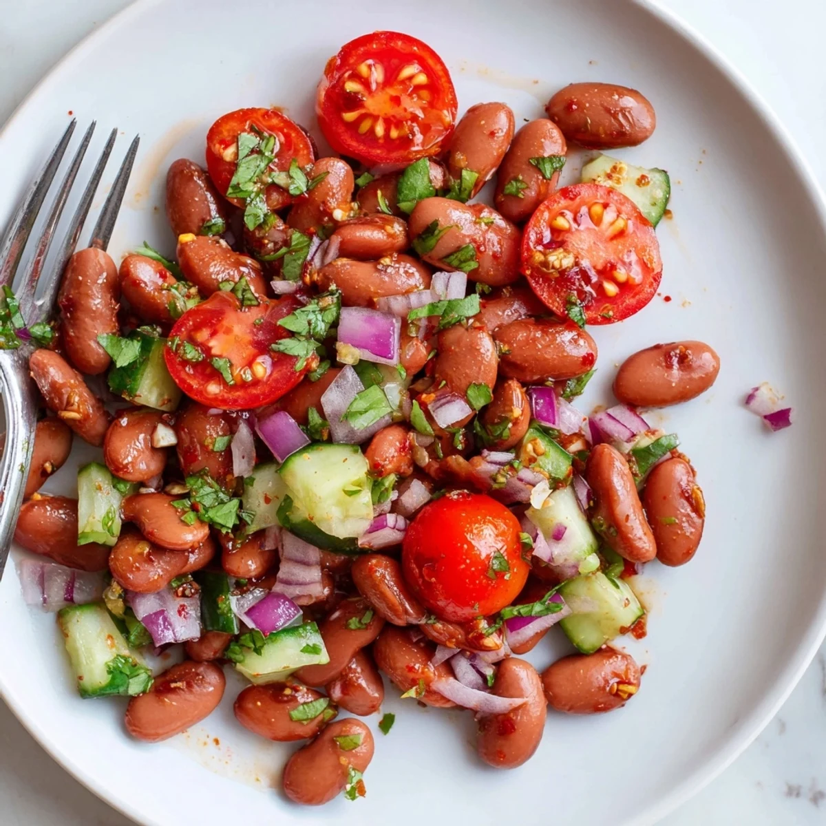 Creamy pinto bean salad topped with halved cherry tomatoes and fresh cilantro on a summer plate