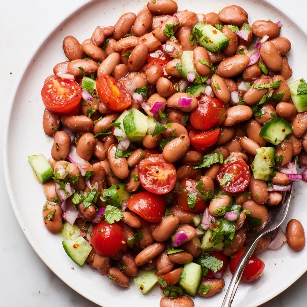Hearty pinto bean salad garnished with diced cucumber and red onion ready for a potluck table