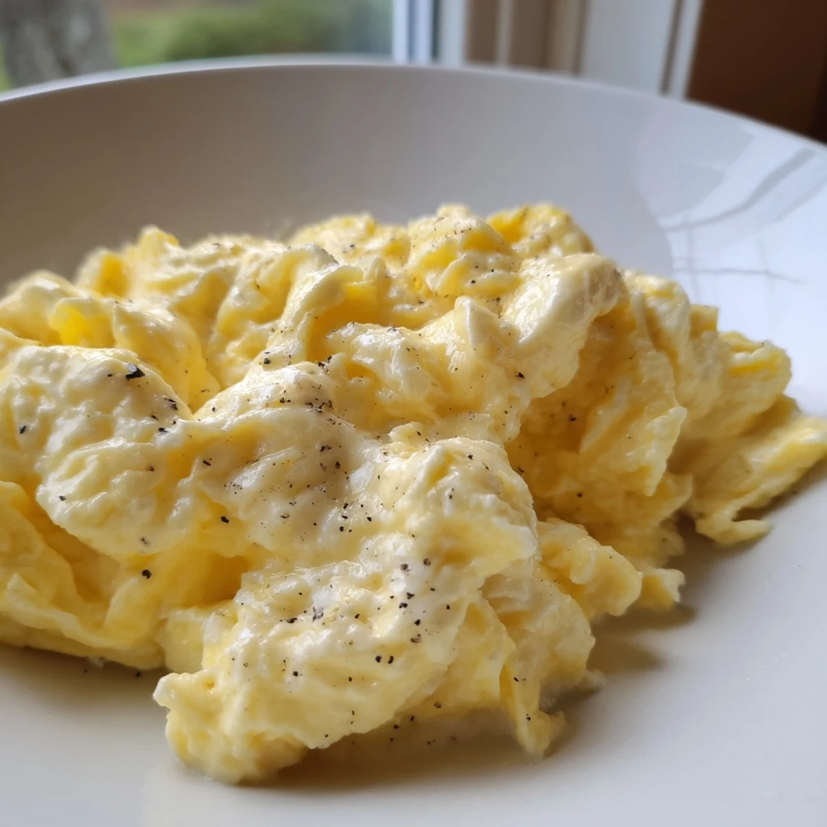 Creamy scrambled eggs piled on a plate with golden toast and fresh herbs