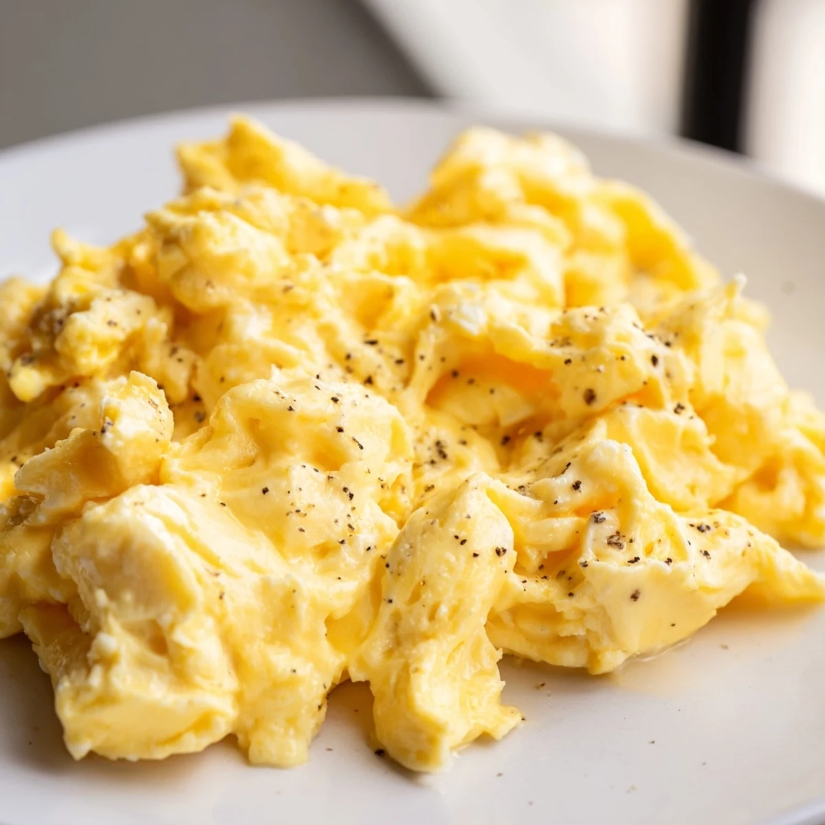 Fluffy scrambled eggs gently folded in a buttery nonstick skillet, steaming hot