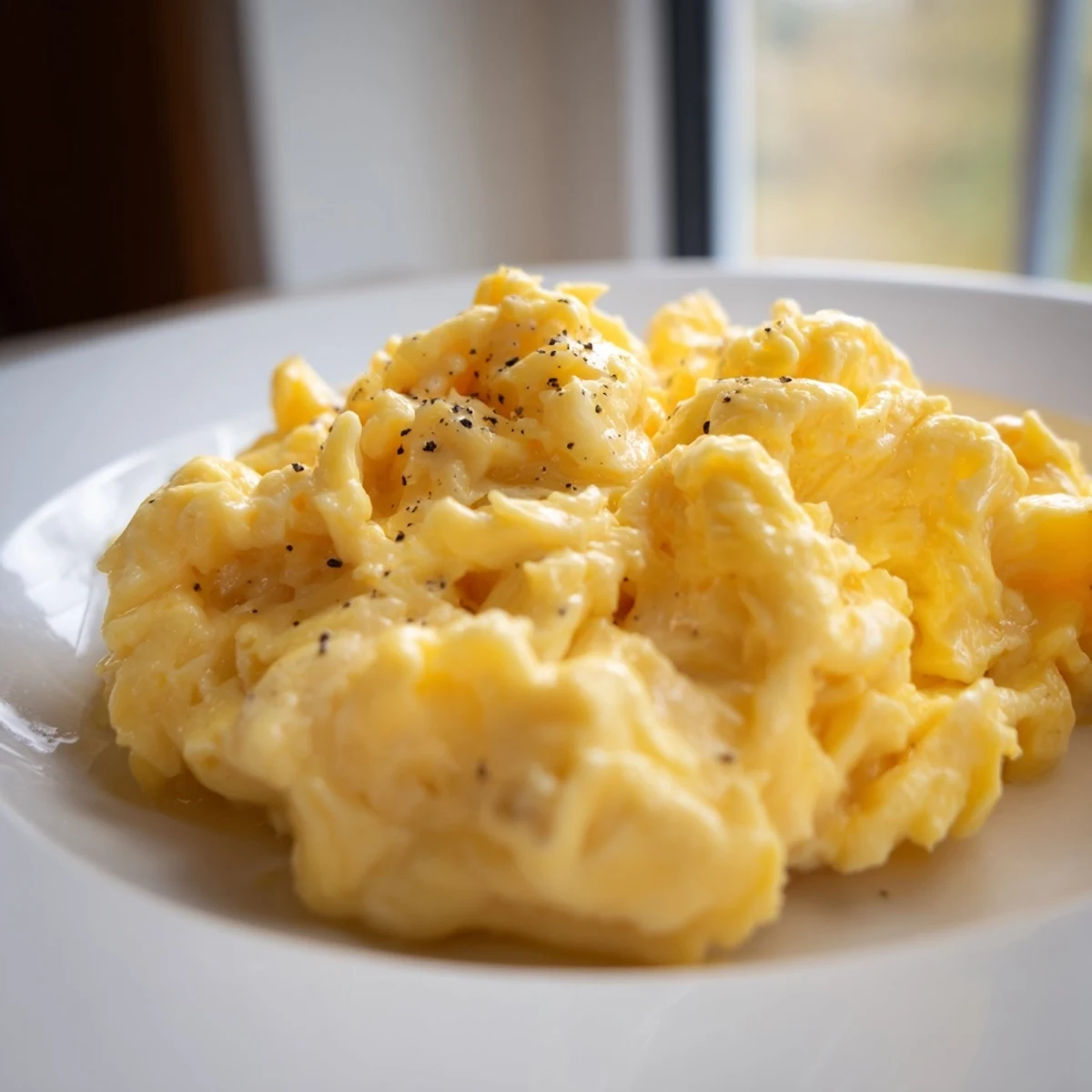 Soft, buttery scrambled eggs served in a rustic bowl alongside sliced avocado
