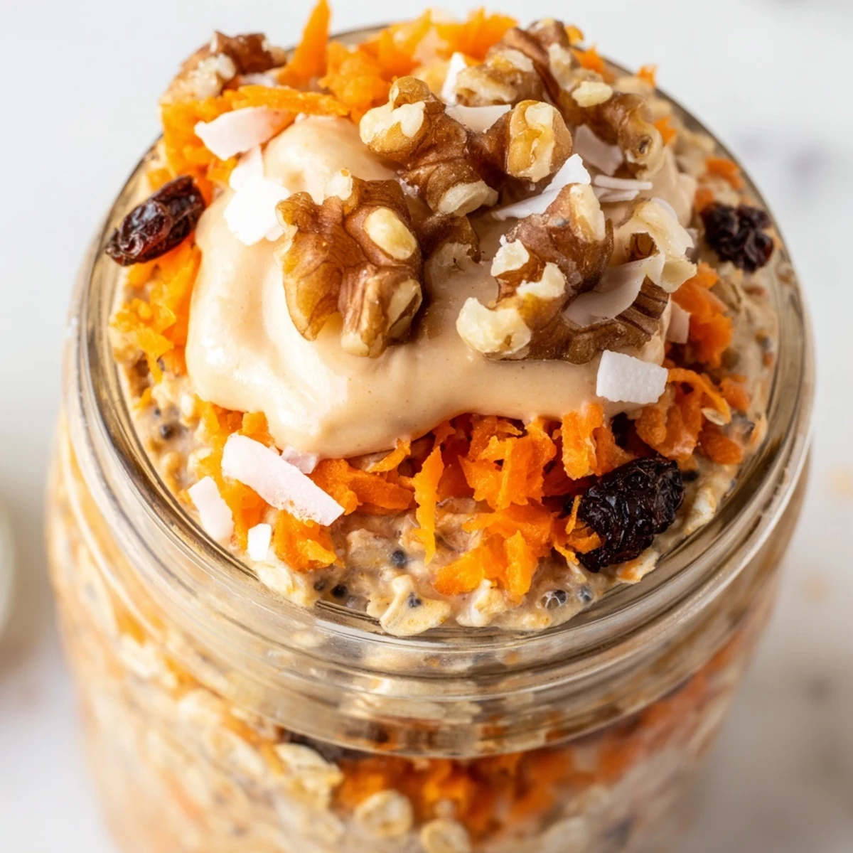 Creamy carrot cake overnight oats topped with chopped walnuts in a glass mason jar