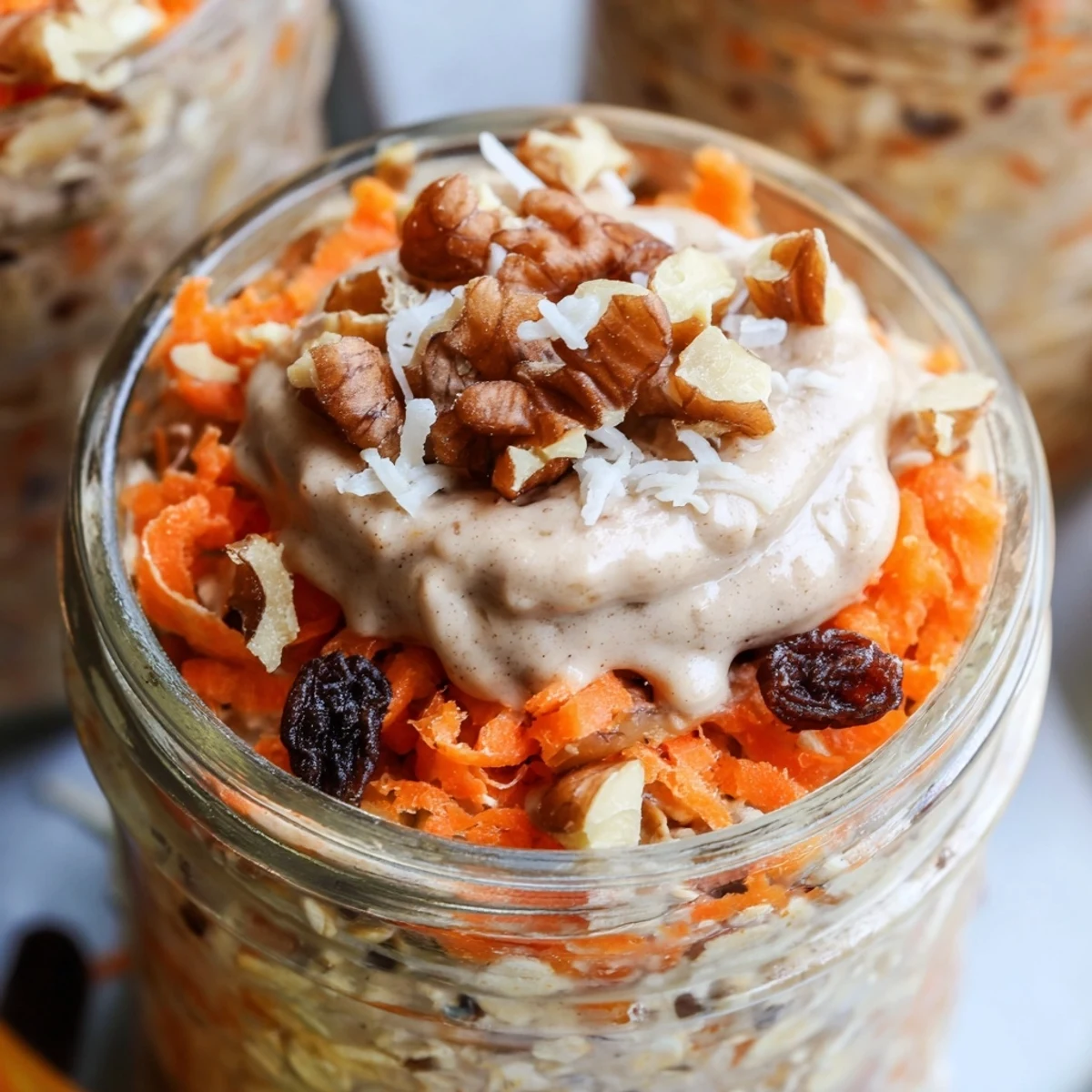 Thick spiced carrot cake overnight oats layered with cream cheese frosting and raisins