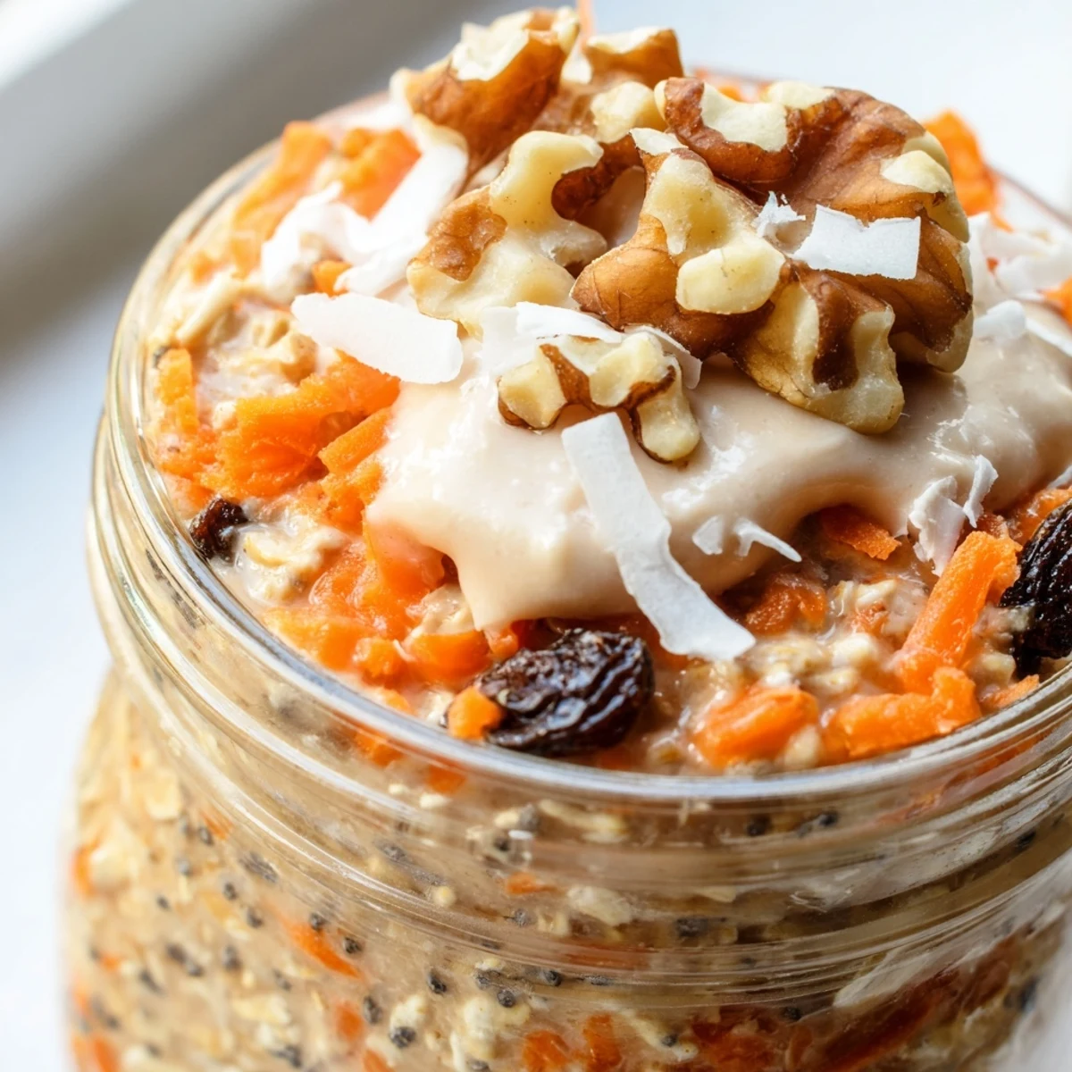 Golden carrot cake overnight oats served in a jar with grated carrot and pecans