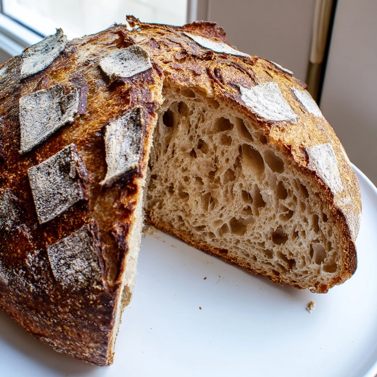 Golden crusty sourdough bread fresh from the Dutch oven with steam rising