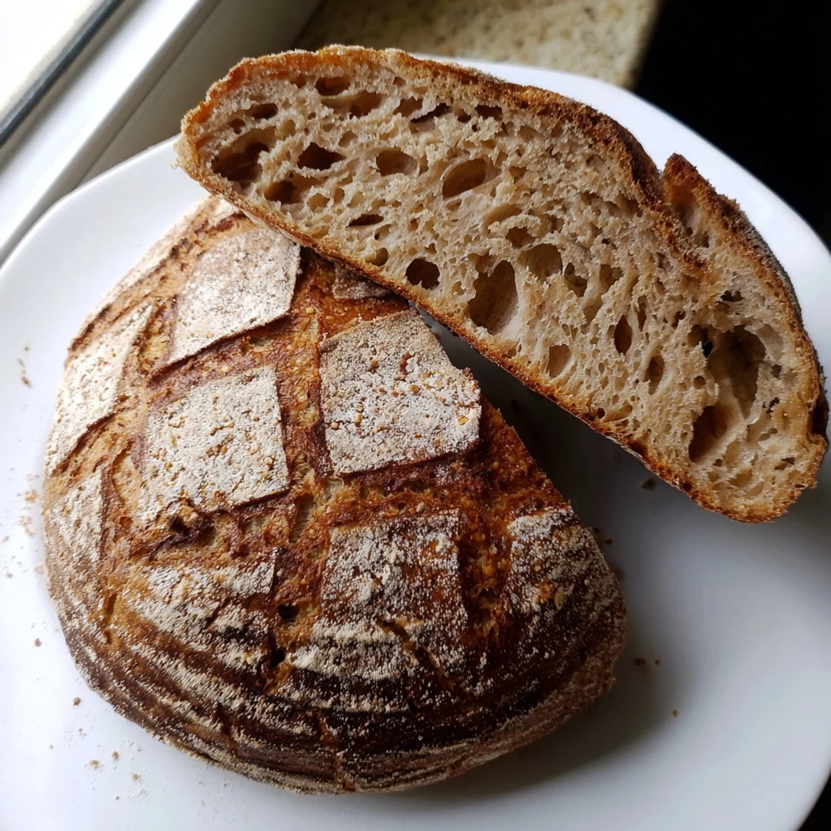 Rustic sourdough bread sliced open revealing a chewy airy crumb texture