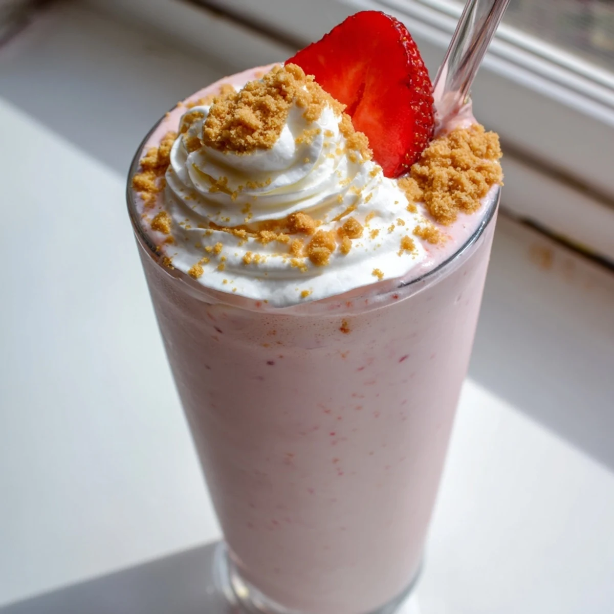Creamy strawberry cheesecake milkshake in a glass garnished with fresh sliced strawberries