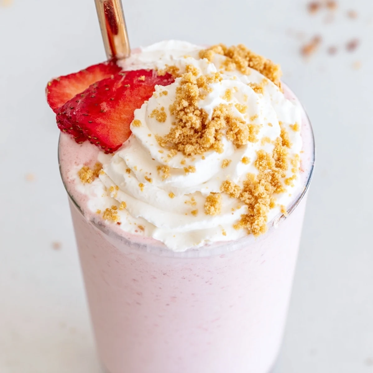 Tall pink strawberry cheesecake milkshake topped with whipped cream and graham cracker crumbs