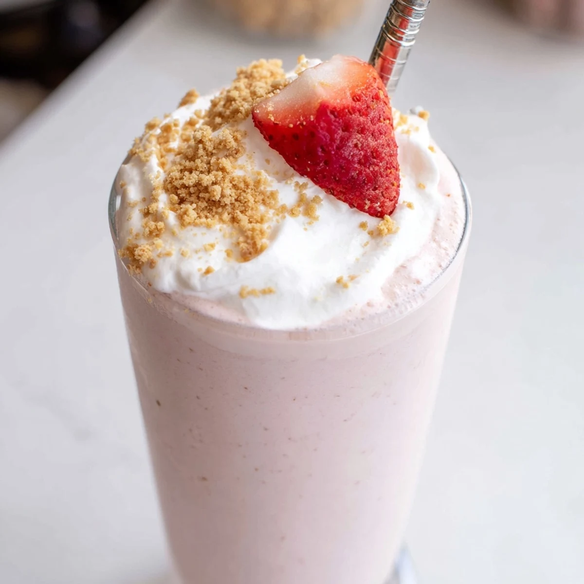 Thick strawberry cheesecake milkshake drizzled with graham crumble and a strawberry on top