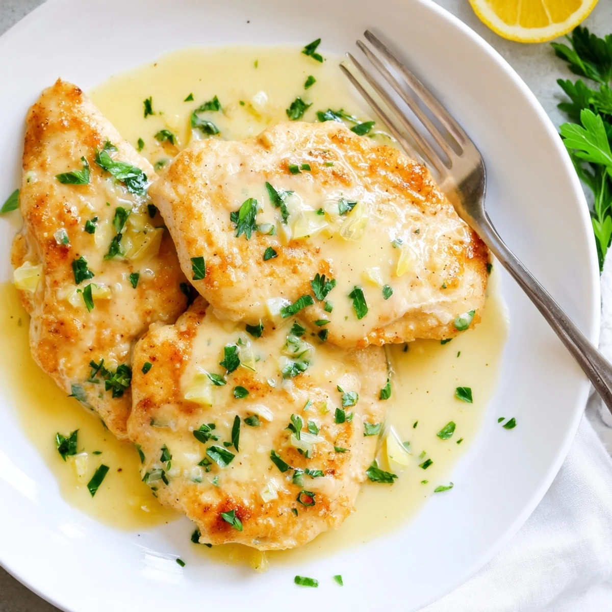 Golden lemon garlic butter chicken drizzled with glossy pan sauce and fresh parsley