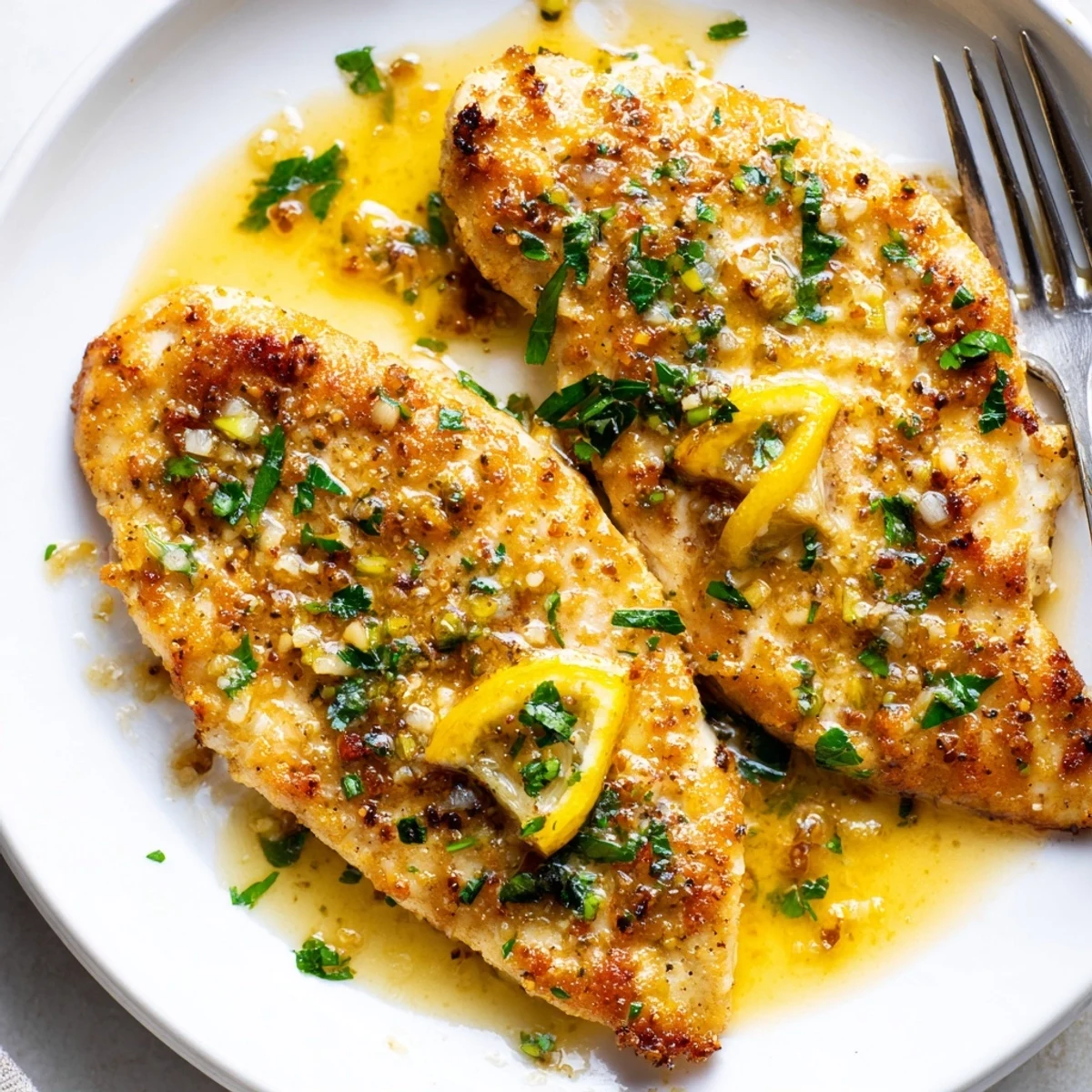 Tender lemon garlic butter chicken plated with lemon wedges and a buttery glaze