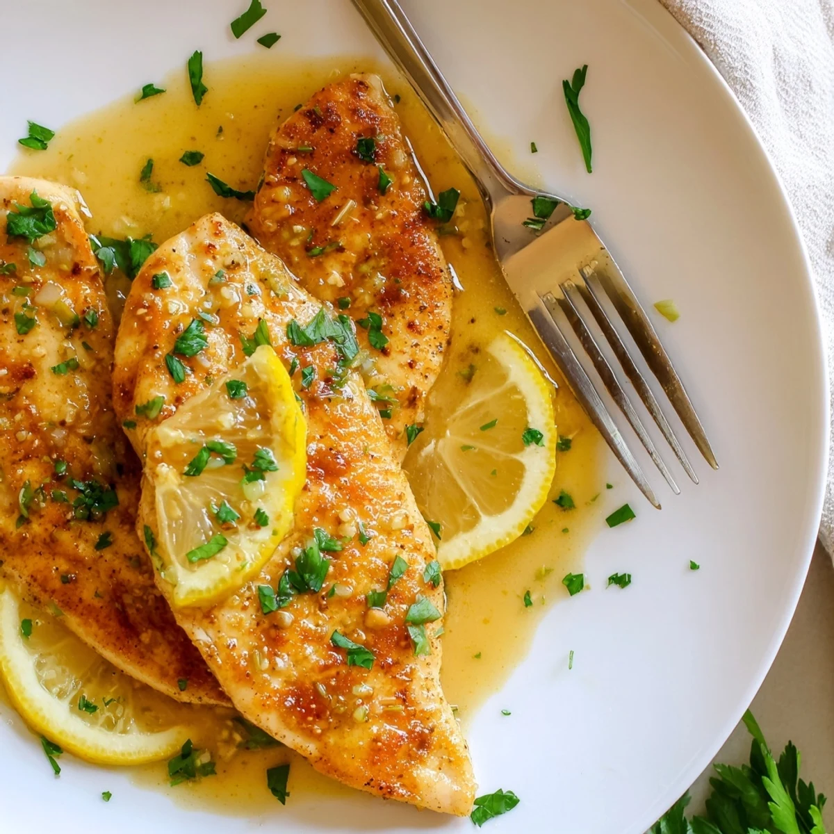 Sizzling lemon garlic butter chicken breasts nestled in a rich, zesty skillet sauce