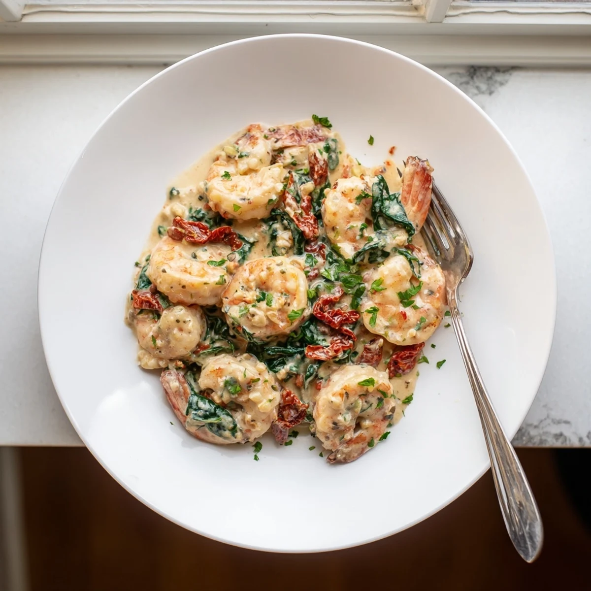 Keto creamy Tuscan shrimp plated over zucchini noodles with a parsley garnish
