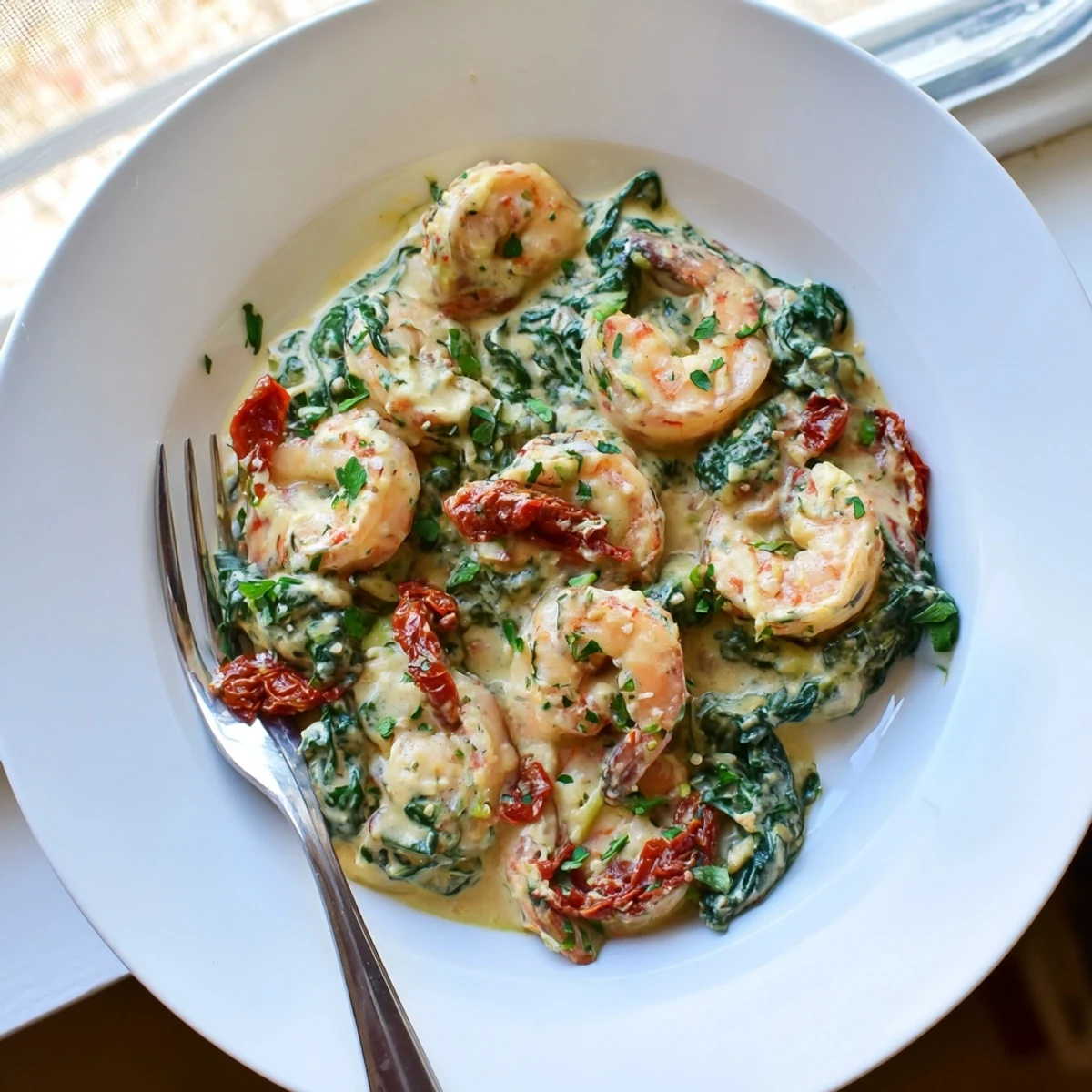 Golden seared shrimp nestled in a rich Parmesan cream sauce with wilted spinach