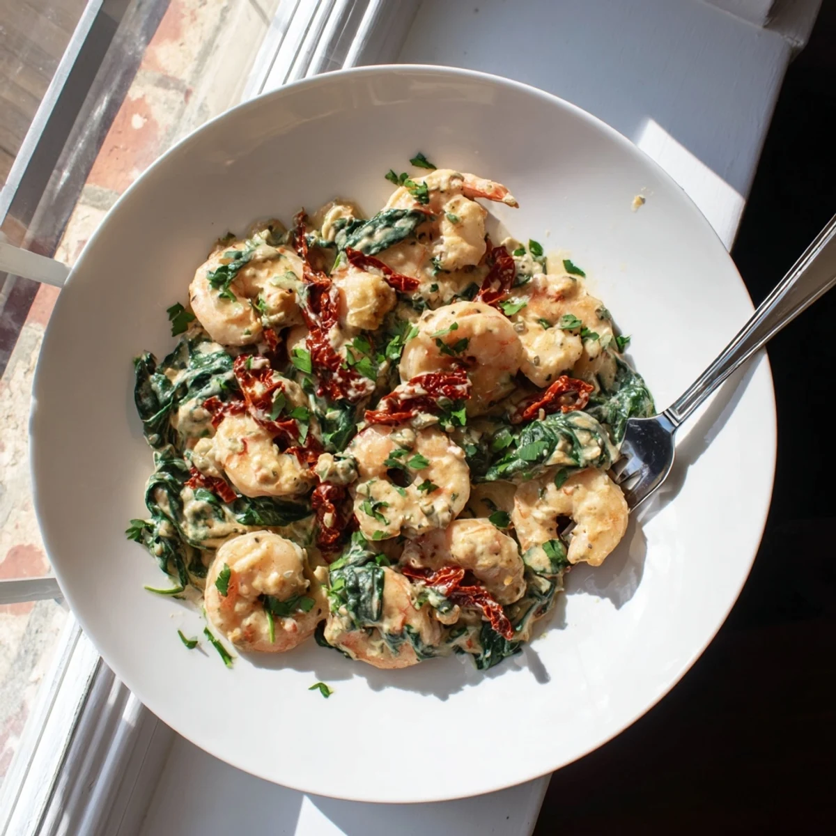 Plump pink shrimp in a garlic sun-dried tomato cream sauce served in a skillet