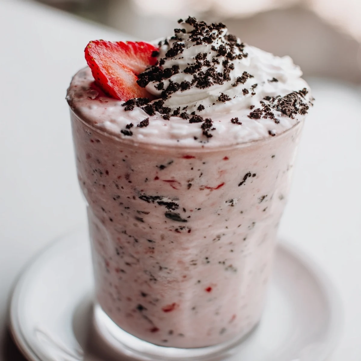 Thick pink strawberry Oreo milkshake topped with whipped cream and crushed cookies