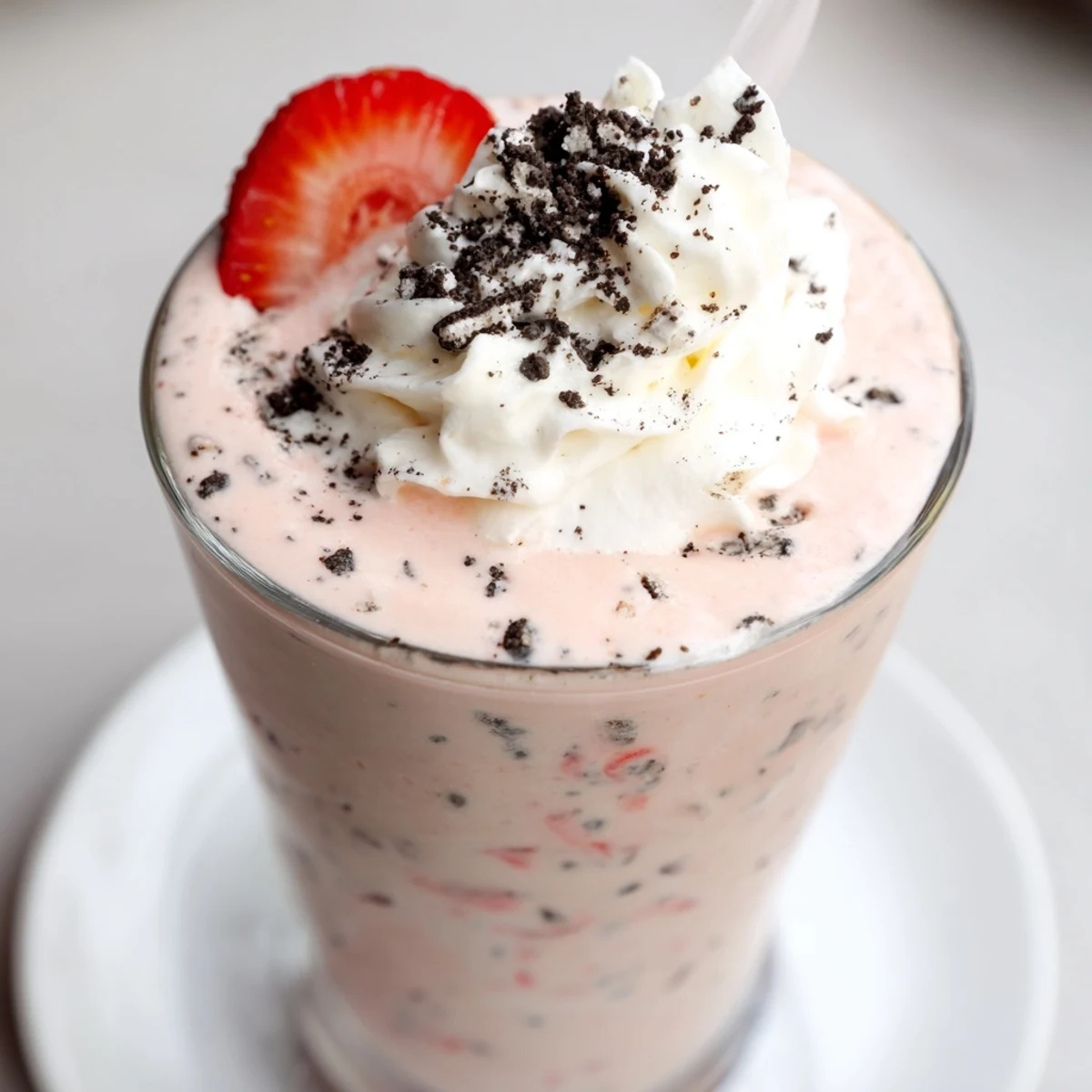 Rich strawberry Oreo milkshake drizzled with chocolate and garnished with a whole Oreo