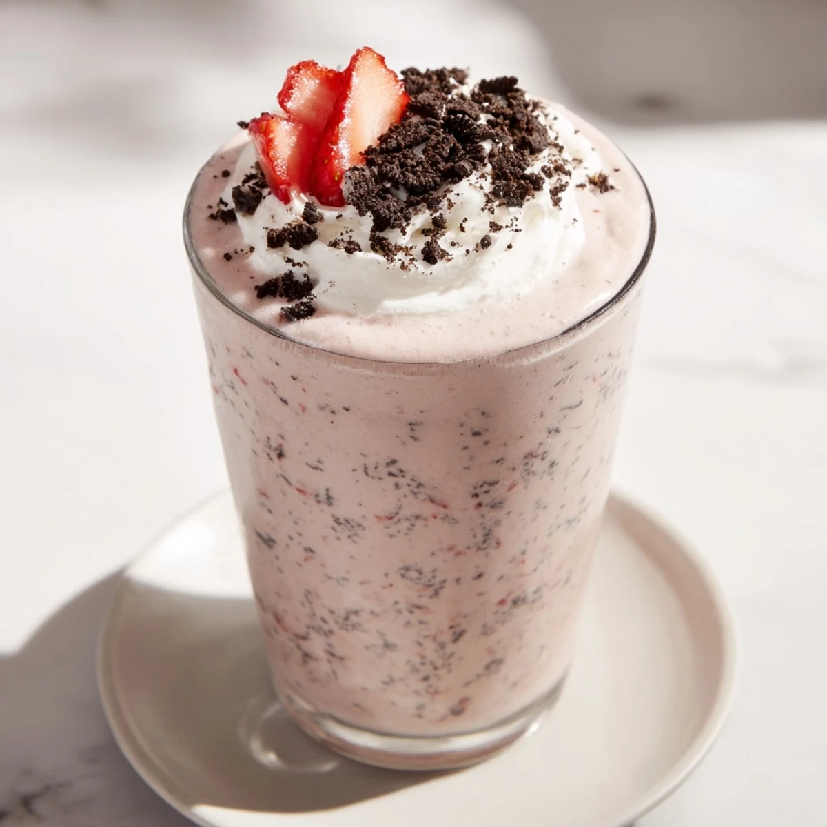 Creamy strawberry Oreo milkshake served in a chilled glass with fresh strawberry slices