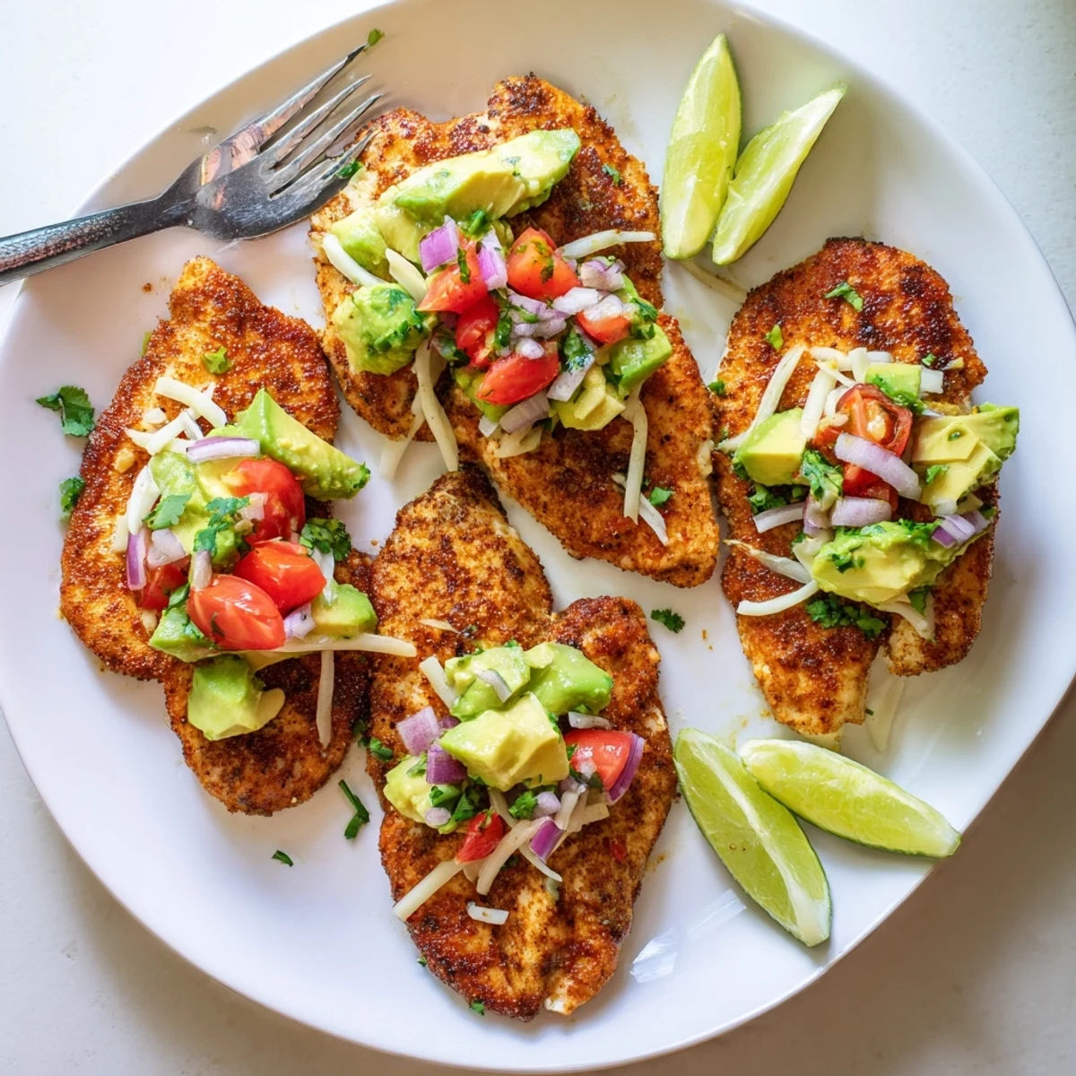 Grilled fiesta lime chicken with avocado served on a white plate