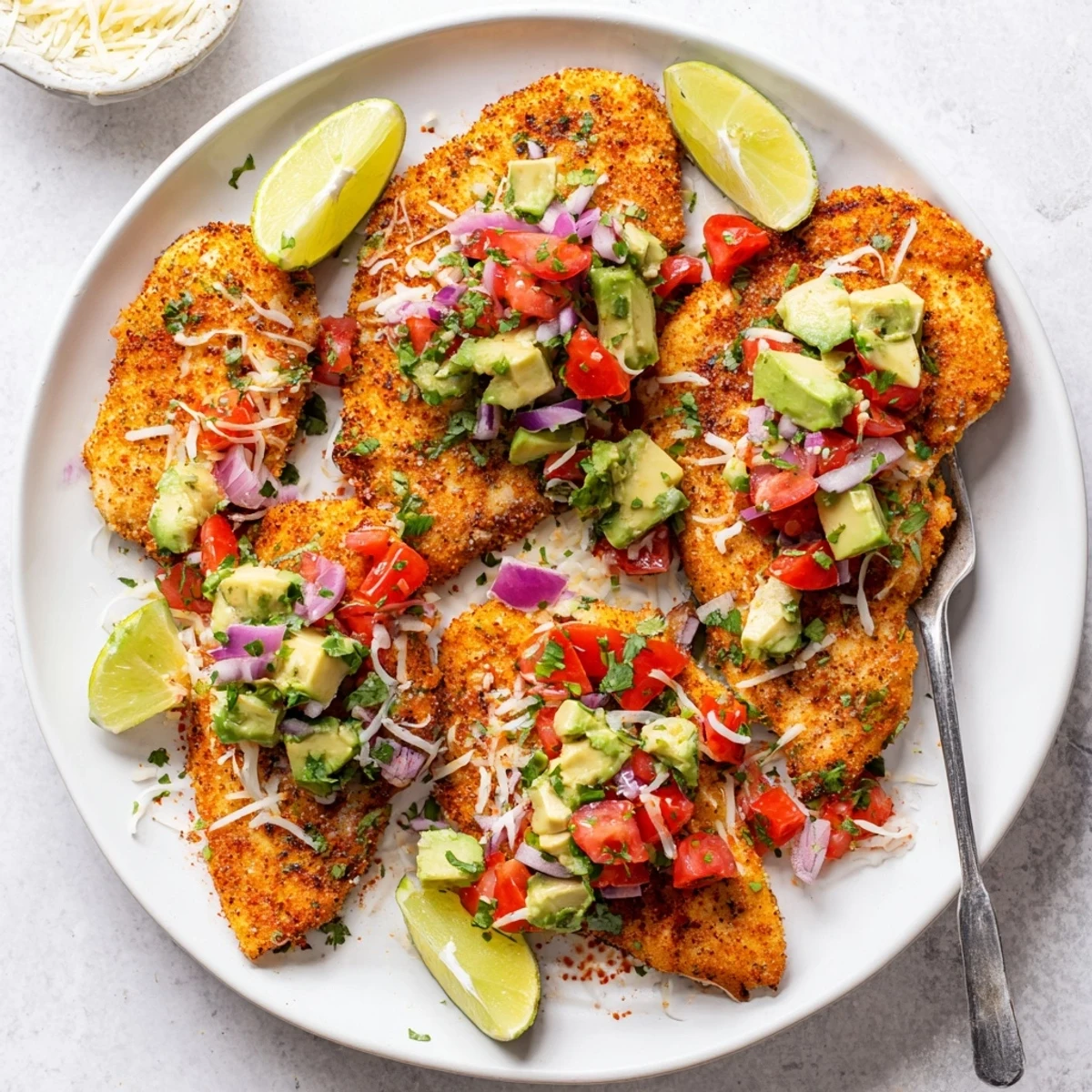 Golden seared fiesta lime chicken topped with creamy diced avocado and cilantro