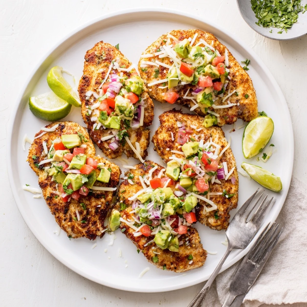 Juicy fiesta lime chicken with fresh avocado salsa and a lime wedge