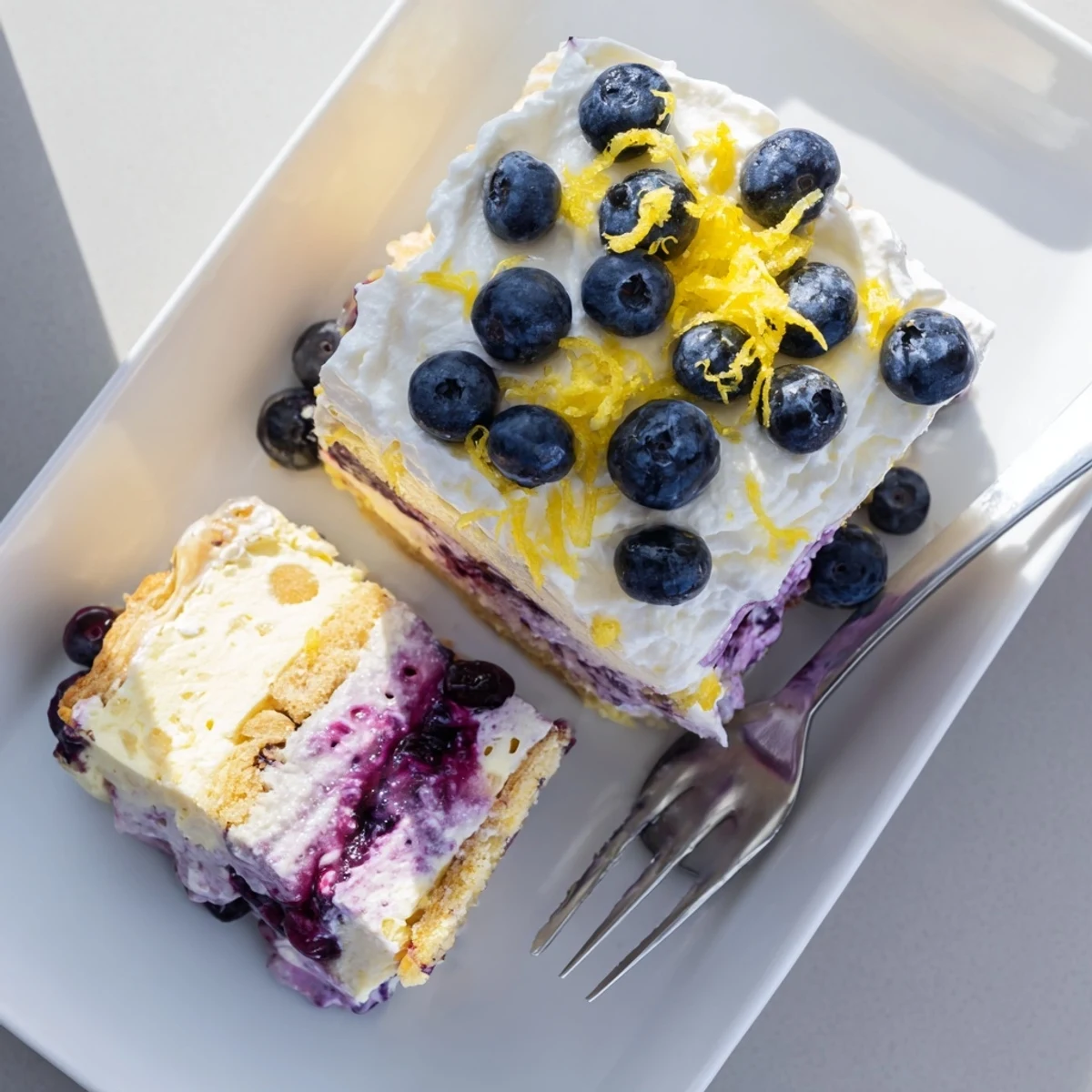 No-bake lemon blueberry lasagna showing creamy yellow layers streaked with purple blueberry sauce