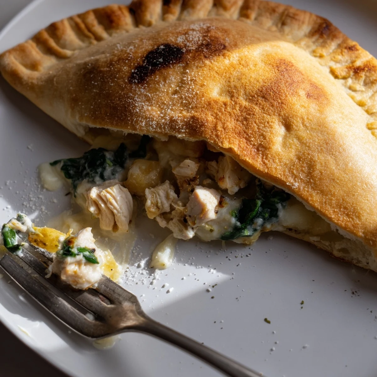Crispy Cheesy Chicken Alfredo Air Fryer Calzones, crunchy crust and melty cheese inside