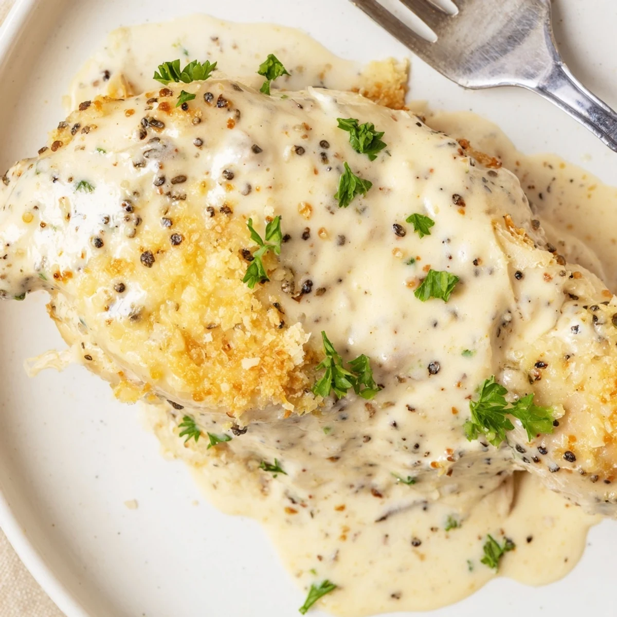 Creamy Caesar Chicken Recipe resting in baking dish, parsley garnish and lemon