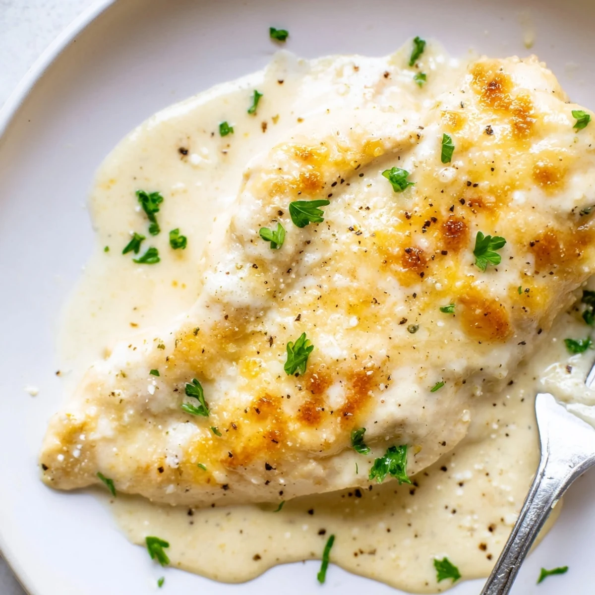 Weeknight Caesar Chicken Recipe topped with melted parmesan, served with roasted vegetables