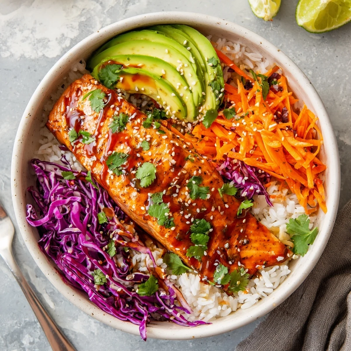 Colorful Bang Bang Salmon Bowls Recipe topped with creamy spicy sauce and sesame