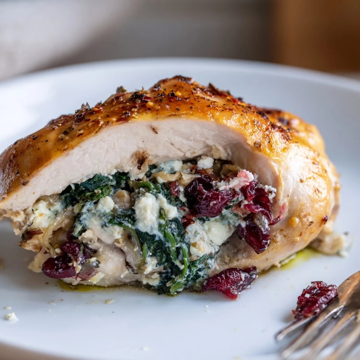 Cranberry Spinach Stuffed Chicken Breasts glistening with melted cheese, baked golden